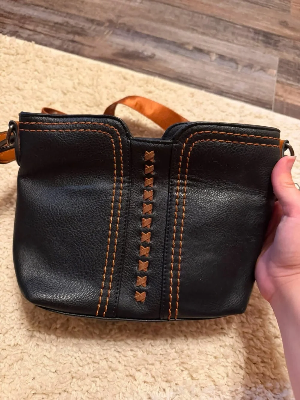 Black Leather Crossbody Bag with Contrast Brown Stitching